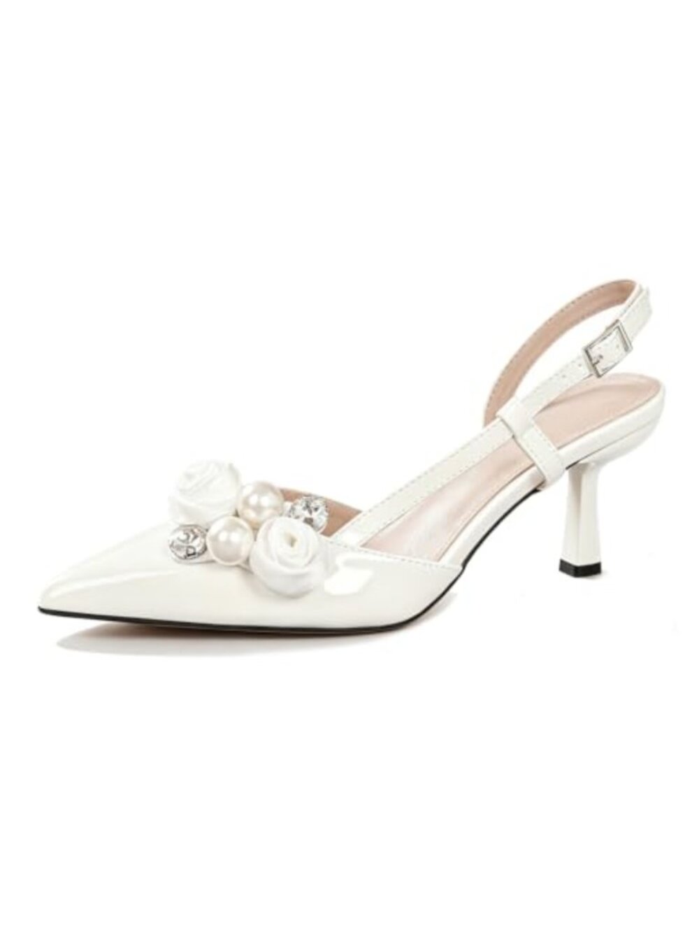 Women's Kitten Heel Slingback Pumps Pointed Toe Pearl Flower Backstrap Stiletto